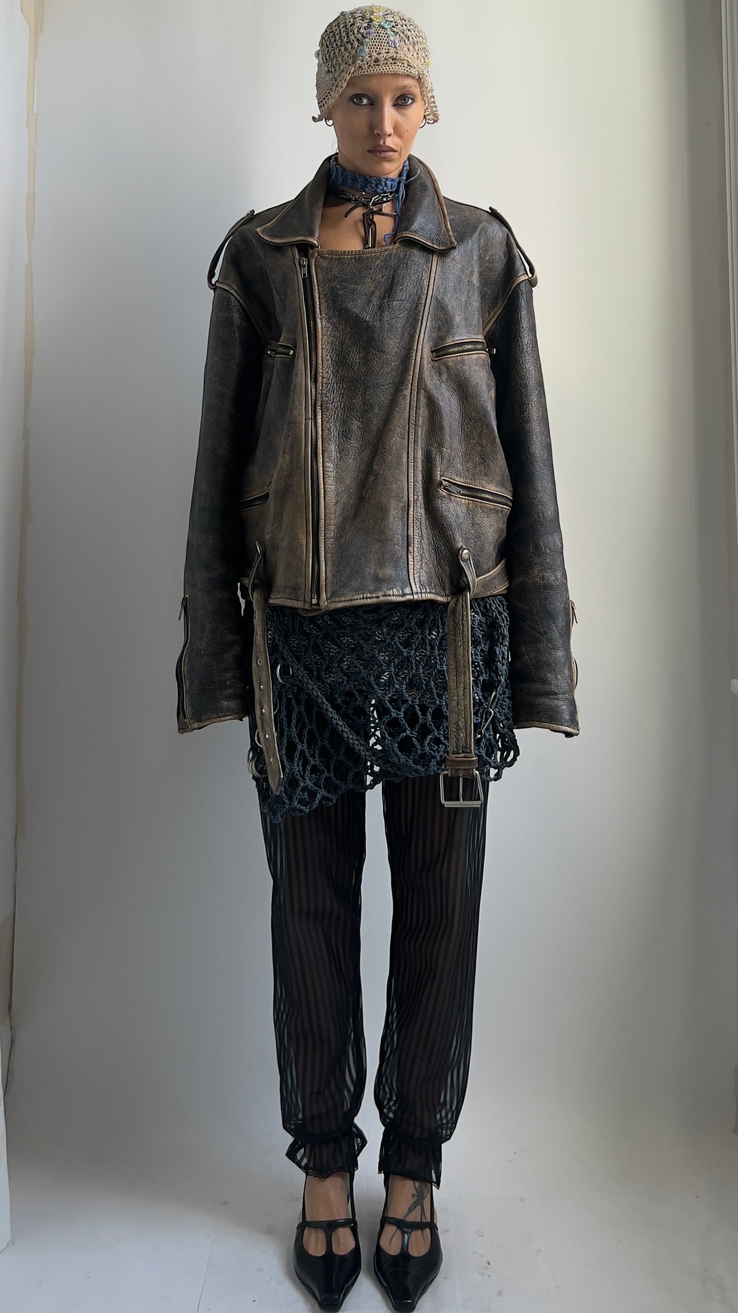 80S OVERSIZED DISTRESSED LEATHER JACKET / UK 10-16