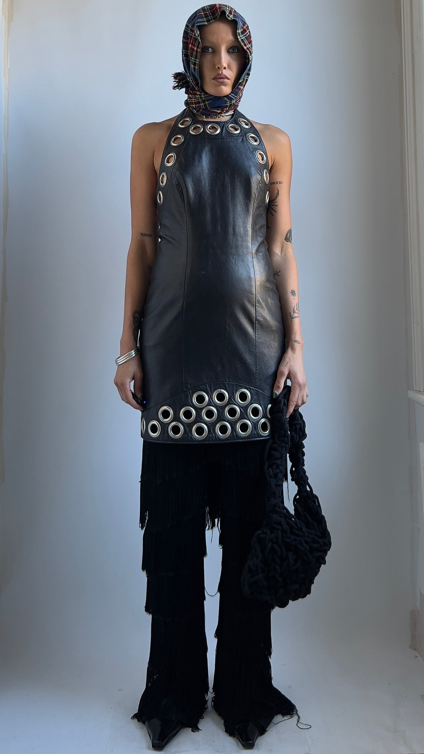 80S LEATHER EYELET DRESS / UK 6-8