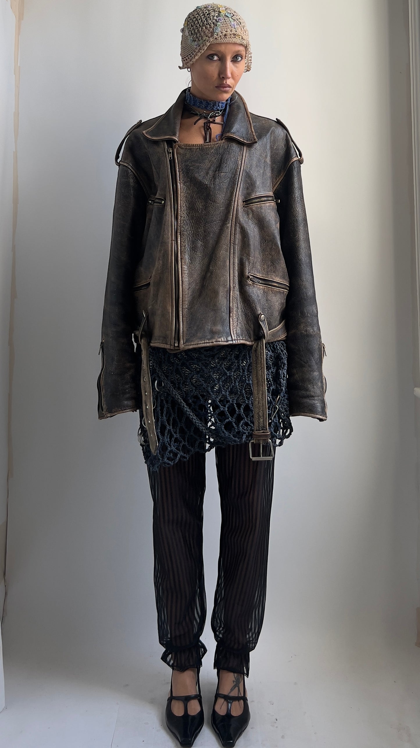 80S OVERSIZED DISTRESSED LEATHER JACKET / UK 10-16