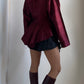 80S BURGUNDY RAW SILK JACKET WITH WATERFALL PLEATS / UK 6-10