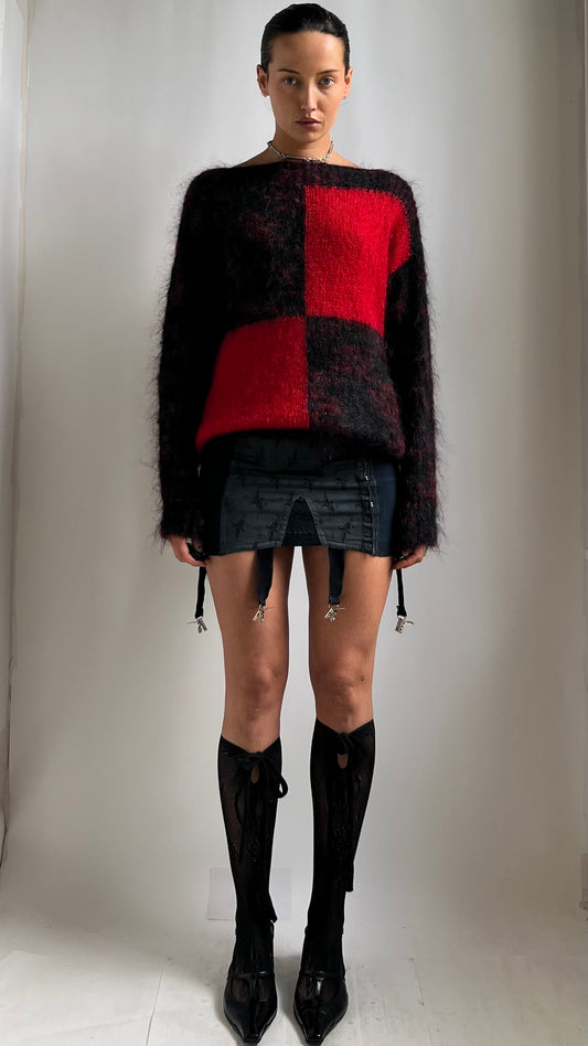 80S RED AND BLACK MOHAIR STATEMENT JUMPER