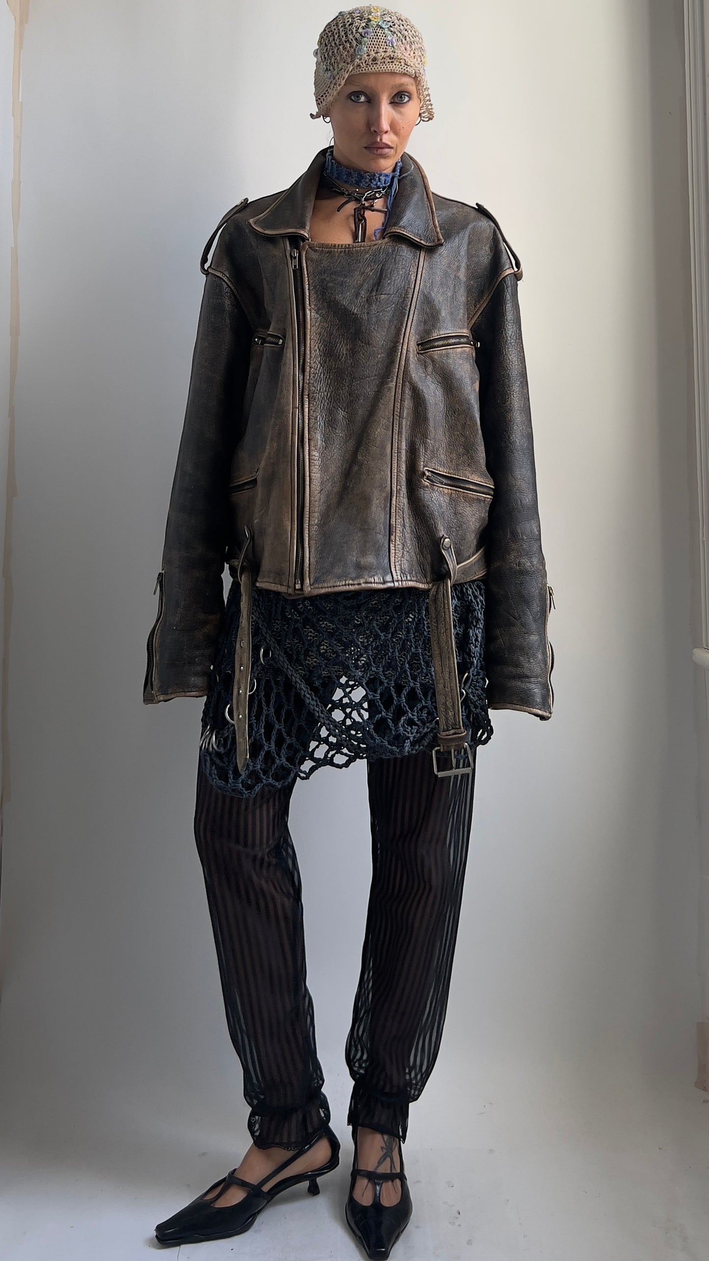 80S OVERSIZED DISTRESSED LEATHER JACKET / UK 10-16