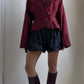 80S BURGUNDY RAW SILK JACKET WITH WATERFALL PLEATS / UK 6-10