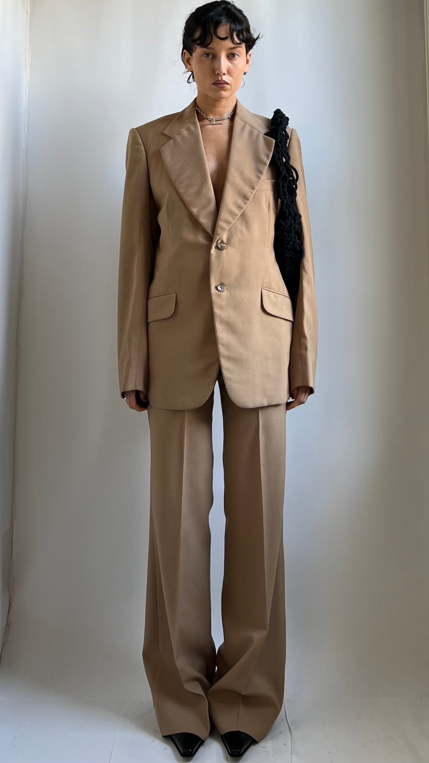 70S CANVASSED BESPOKE SUIT WITH SATIN LINING / W 27.5"