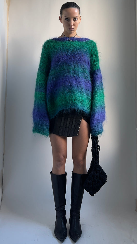 RARE 80S BLUE GREEN TONE OVERSIZED MOHAIR JUMPER / UK 6-12