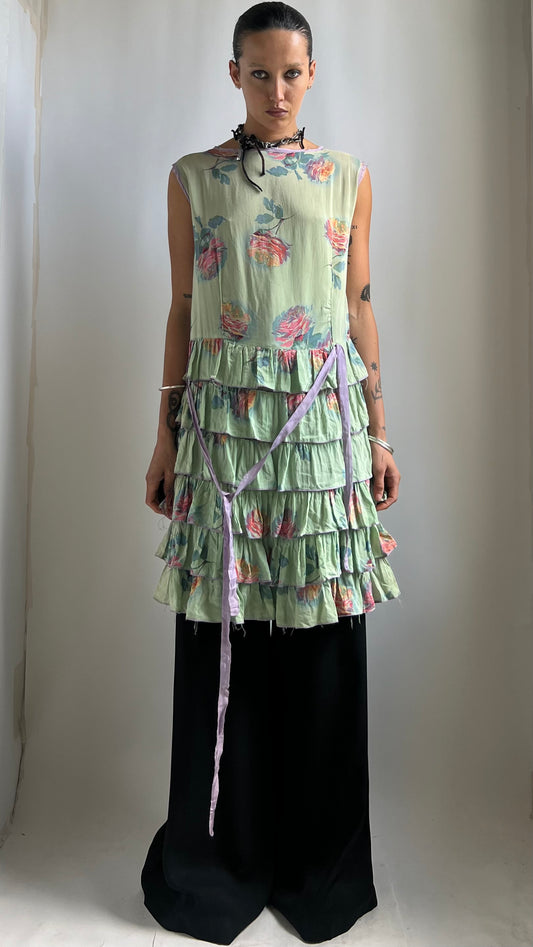 RARE 20S HAND PAINTED SILK RUFFLE DRESS / UK 8-12